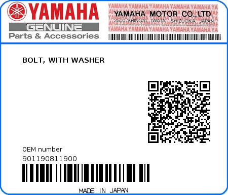 Product image: Yamaha - 901190811900 - BOLT, WITH WASHER   0