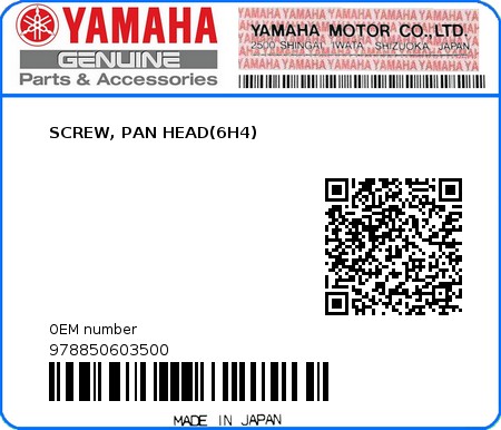 Product image: Yamaha - 978850603500 - SCREW, PAN HEAD(6H4)  0