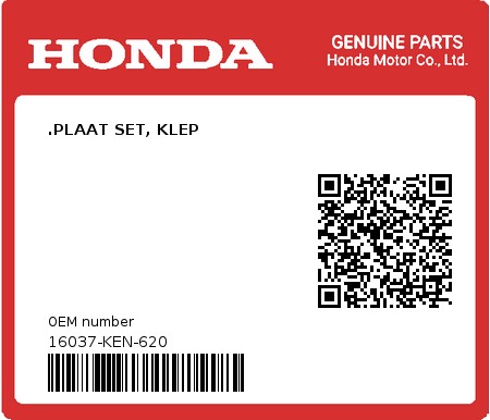 Product image: Honda - 16037-KEN-620 - .PLAAT SET, KLEP  0