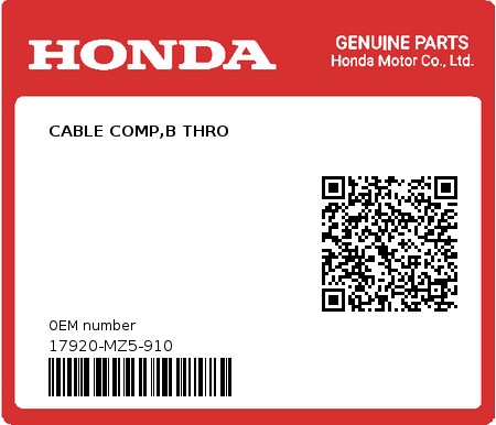 Product image: Honda - 17920-MZ5-910 - CABLE COMP,B THRO  0
