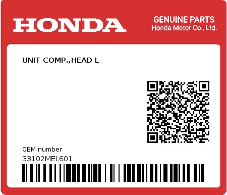 Product image: Honda - 33102MEL601 - UNIT COMP.,HEAD L  0
