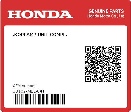Product image: Honda - 33102-MEL-641 - .KOPLAMP UNIT COMPL.  0