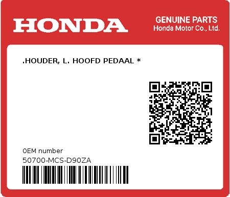 Product image: Honda - 50700-MCS-D90ZA - .HOUDER, L. HOOFD PEDAAL *  0