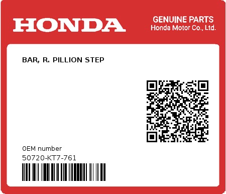 Product image: Honda - 50720-KT7-761 - BAR, R. PILLION STEP  0