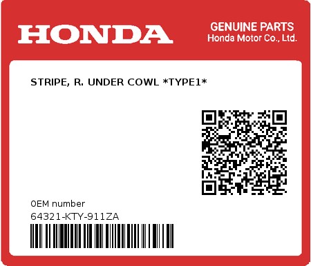 Product image: Honda - 64321-KTY-911ZA - STRIPE, R. UNDER COWL *TYPE1*  0