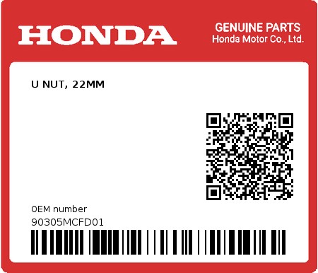 Product image: Honda - 90305MCFD01 - U NUT, 22MM  0