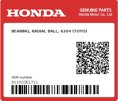 Product image: Honda - 91102GE1711 - BEARING, RADIAL BALL, 6204 (TOYO)  0
