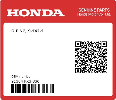Product image: Honda - 91304-KK3-830 - O-RING, 9.4X2.4  0
