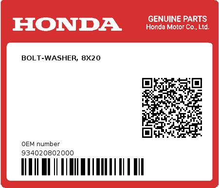 Product image: Honda - 934020802000 - BOLT-WASHER, 8X20  0