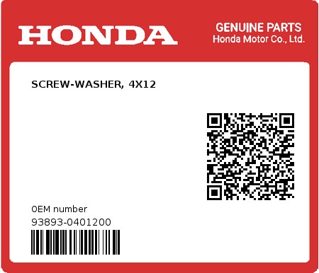 Product image: Honda - 93893-0401200 - SCREW-WASHER, 4X12  0