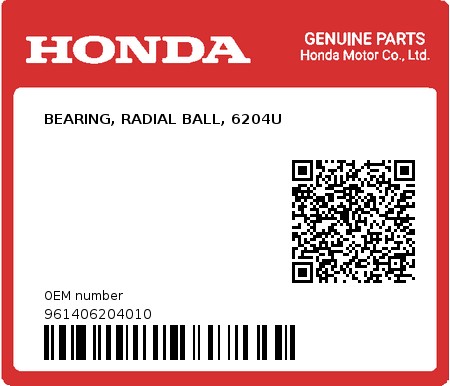 Product image: Honda - 961406204010 - BEARING, RADIAL BALL, 6204U  0