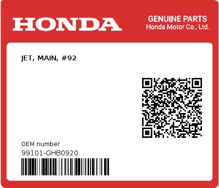 Product image: Honda - 99101-GHB0920 - JET, MAIN, #92  0