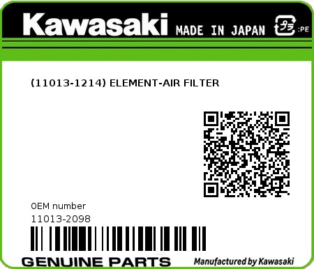 Product image: Kawasaki - 11013-2098 - (11013-1214) ELEMENT-AIR FILTER  0