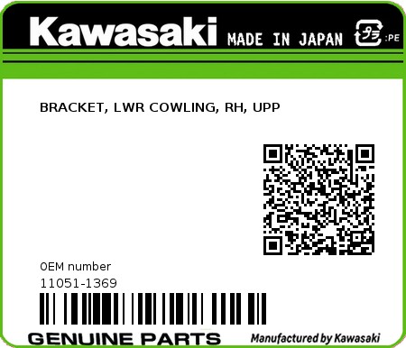 Product image: Kawasaki - 11051-1369 - BRACKET, LWR COWLING, RH, UPP  0