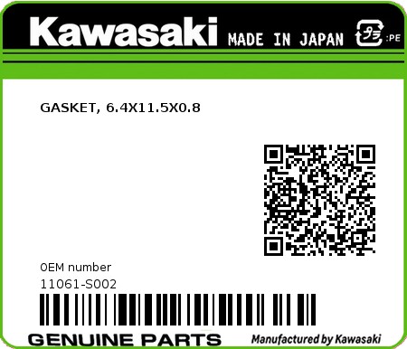 Product image: Kawasaki - 11061-S002 - GASKET, 6.4X11.5X0.8  0