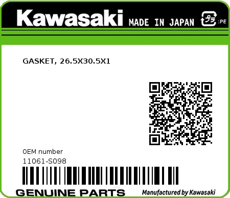 Product image: Kawasaki - 11061-S098 - GASKET, 26.5X30.5X1  0