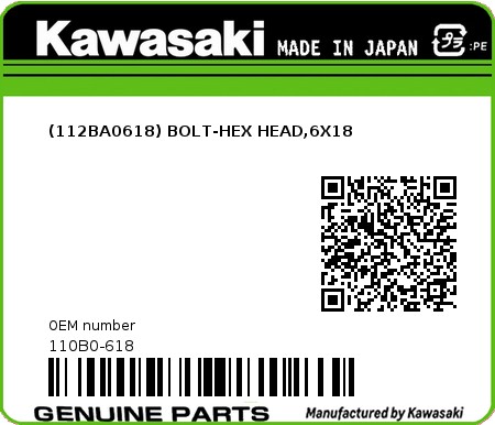 Product image: Kawasaki - 110B0-618 - (112BA0618) BOLT-HEX HEAD,6X18  0
