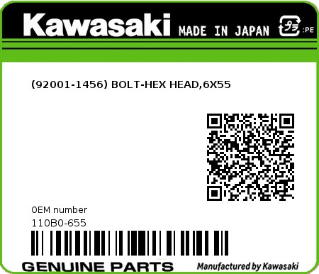 Product image: Kawasaki - 110B0-655 - (92001-1456) BOLT-HEX HEAD,6X55  0