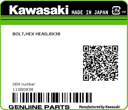 Product image: Kawasaki - 110B0838 - BOLT,HEX HEAD,8X38  0
