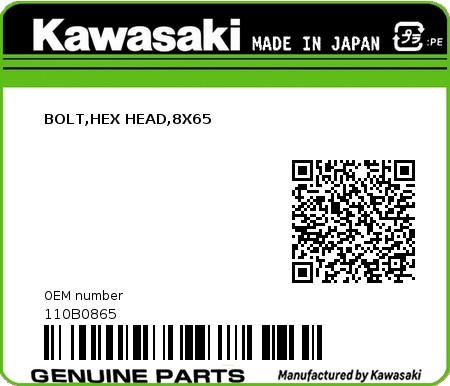 Product image: Kawasaki - 110B0865 - BOLT,HEX HEAD,8X65  0