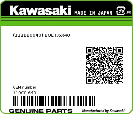 Product image: Kawasaki - 110C0-640 - (112BB0640) BOLT,6X40  0