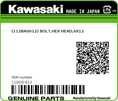 Product image: Kawasaki - 110G0-612 - (112BA0612) BOLT,HEX HEAD,6X12  0