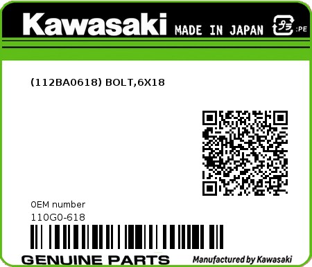 Product image: Kawasaki - 110G0-618 - (112BA0618) BOLT,6X18  0