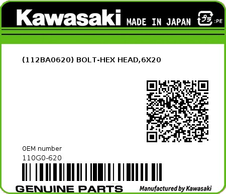 Product image: Kawasaki - 110G0-620 - (112BA0620) BOLT-HEX HEAD,6X20  0