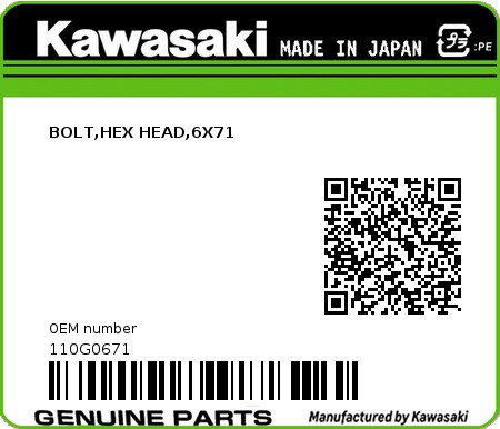 Product image: Kawasaki - 110G0671 - BOLT,HEX HEAD,6X71  0