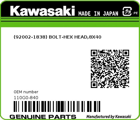Product image: Kawasaki - 110G0-840 - (92002-1838) BOLT-HEX HEAD,8X40  0
