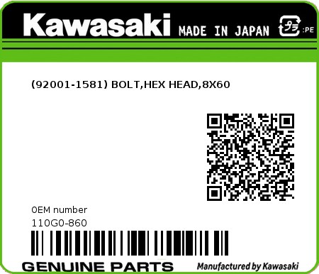 Product image: Kawasaki - 110G0-860 - (92001-1581) BOLT,HEX HEAD,8X60  0