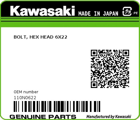 Product image: Kawasaki - 110N0622 - BOLT, HEX HEAD 6X22  0
