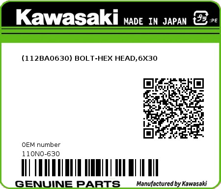 Product image: Kawasaki - 110N0-630 - (112BA0630) BOLT-HEX HEAD,6X30  0
