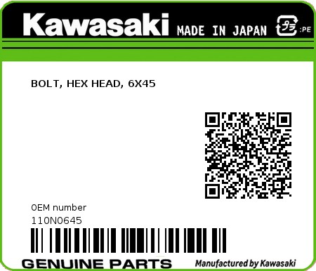 Product image: Kawasaki - 110N0645 - BOLT, HEX HEAD, 6X45  0