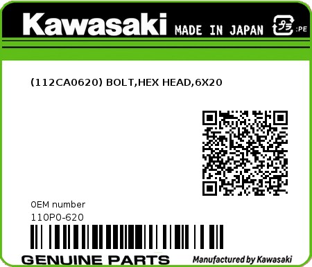 Product image: Kawasaki - 110P0-620 - (112CA0620) BOLT,HEX HEAD,6X20  0