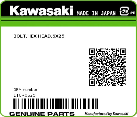 Product image: Kawasaki - 110R0625 - BOLT,HEX HEAD,6X25  0
