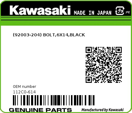 Product image: Kawasaki - 112C0-614 - (92003-204) BOLT,6X14,BLACK  0