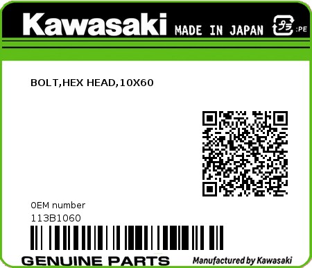 Product image: Kawasaki - 113B1060 - BOLT,HEX HEAD,10X60  0