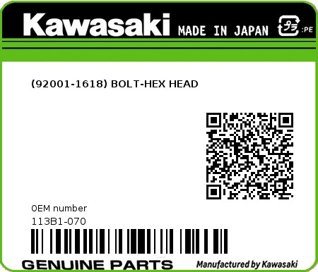 Product image: Kawasaki - 113B1-070 - (92001-1618) BOLT-HEX HEAD  0