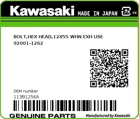 Product image: Kawasaki - 113B1256A - BOLT,HEX HEAD,12X55 WHN EXH USE 92001-1262  0