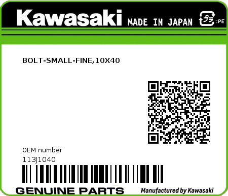 Product image: Kawasaki - 113J1040 - BOLT-SMALL-FINE,10X40  0