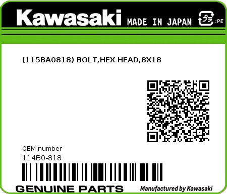 Product image: Kawasaki - 114B0-818 - (115BA0818) BOLT,HEX HEAD,8X18  0