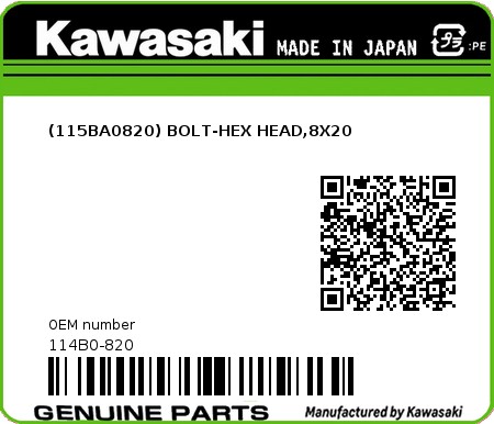 Product image: Kawasaki - 114B0-820 - (115BA0820) BOLT-HEX HEAD,8X20  0