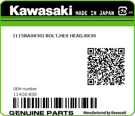 Product image: Kawasaki - 114G0-830 - (115BA0830) BOLT,HEX HEAD,8X30  0
