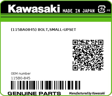 Product image: Kawasaki - 115B0-845 - (115BA0845) BOLT,SMALL-UPSET  0