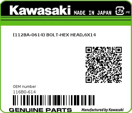 Product image: Kawasaki - 116B0-614 - (112BA-0614) BOLT-HEX HEAD,6X14  0