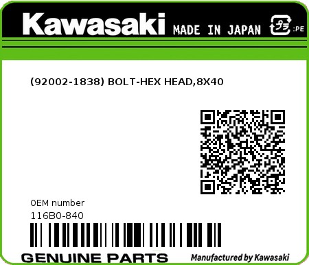 Product image: Kawasaki - 116B0-840 - (92002-1838) BOLT-HEX HEAD,8X40  0