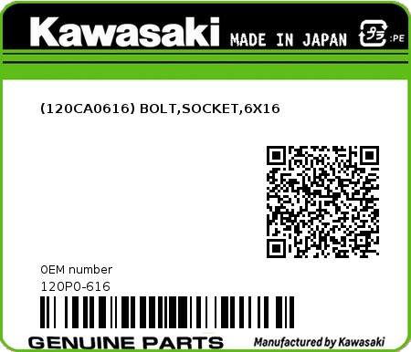 Product image: Kawasaki - 120P0-616 - (120CA0616) BOLT,SOCKET,6X16  0