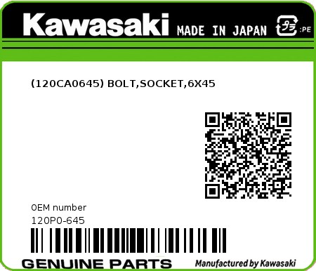 Product image: Kawasaki - 120P0-645 - (120CA0645) BOLT,SOCKET,6X45  0