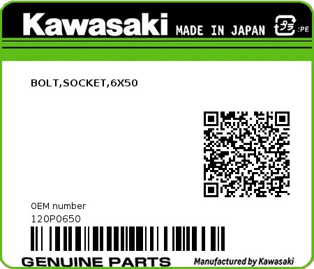 Product image: Kawasaki - 120P0650 - BOLT,SOCKET,6X50  0